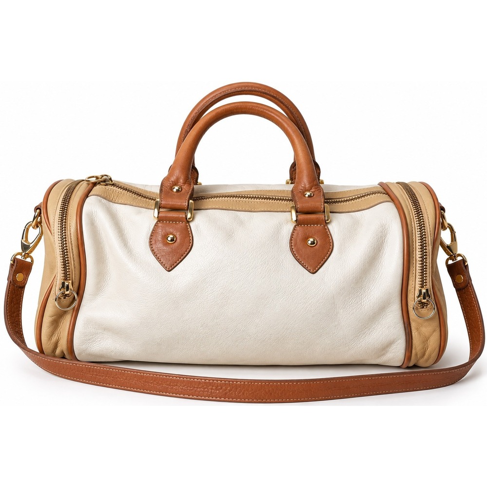Pietro Alessandro New York Leather Satchel Duffle Bag Cream Brown Crossbody